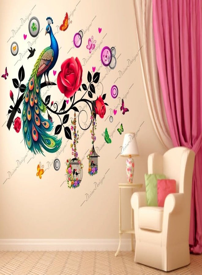 DivineDesigns ملصق حائط ذاتي اللصق من الفينيل PVC بتصميم أقفاص زهور حمراء على شكل طاووس من DivineDesigns لتزيين المنزل/غرفة المعيشة (متعدد الألوان) - Image 1